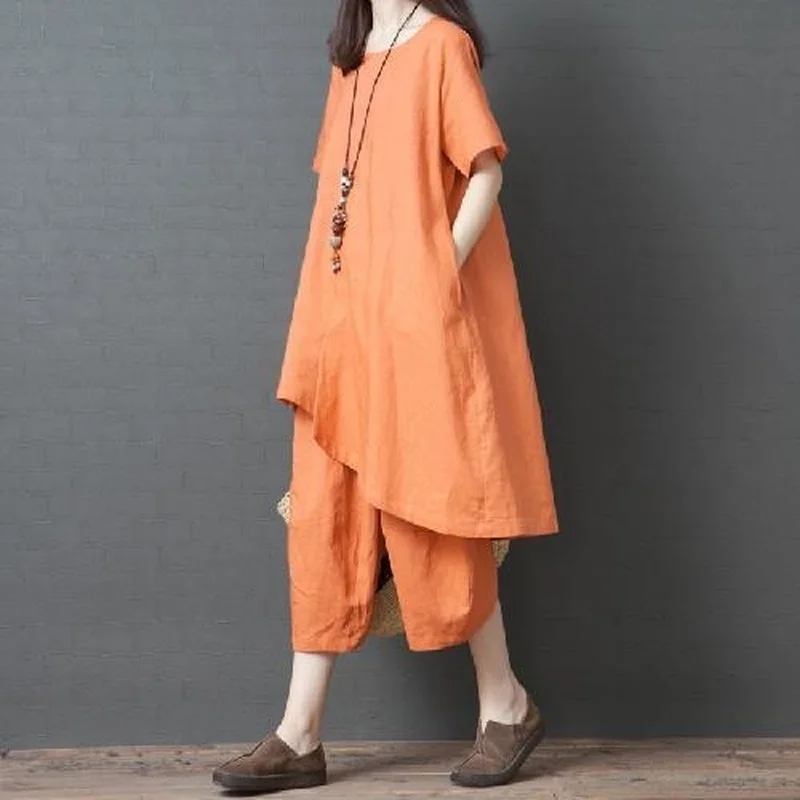 

Cotton and Linen Suit Women 2021 Summer New Irregular Top Loose Casual Wide-leg Pants Suits Two-piece Sets Womens Outfits Y790