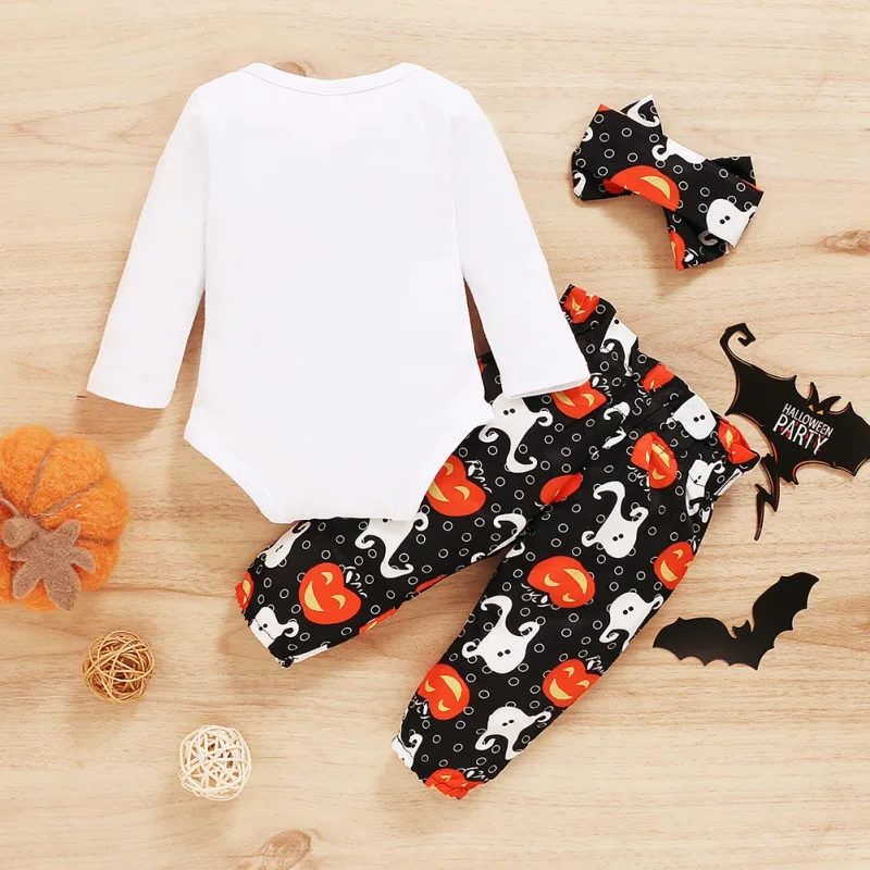 

Autumn Baby Girl Boy Halloween Long Sleeve Letters Romper Tops+Pattern Printed Pants+Headband Casual Costume Set3