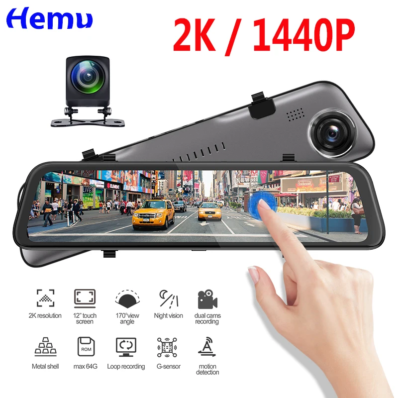 

12 дюймов 2K1440P Super HD видеорегистратор full экран передние и задние двойные рекордер потоковый медиа зеркало заднего вида Автомобильный регистр...