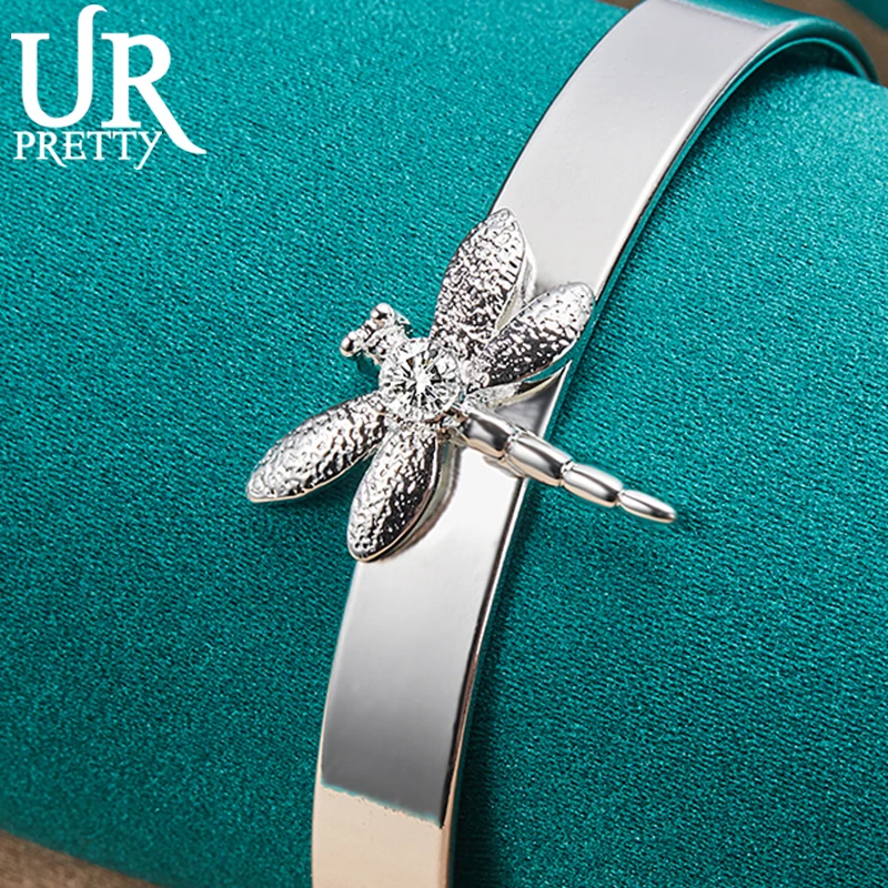 

URPRETTY 925 Sterling Silver Dragonfly Adjustable Opening Bangle Bracelet For Women Party Engagement Wedding Charm Jewelry Gift