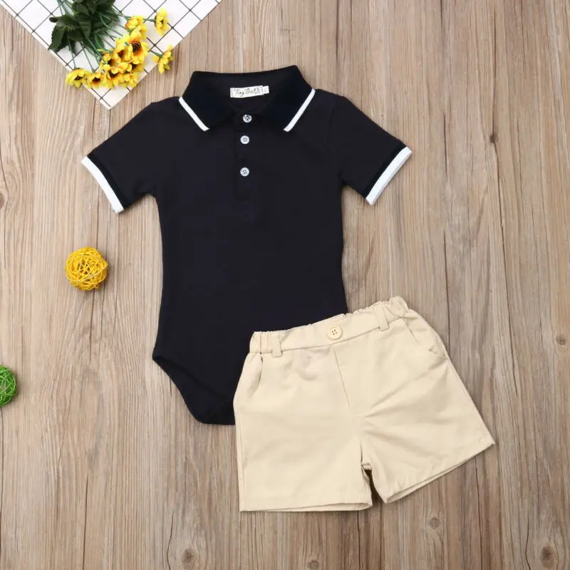 2019 Toddlr Boy Clothes 2PCS Infant Baby Short Sleevee Solid Jumpsuit Bodysuit+Pants Shorts Gentleman Outfit Set |