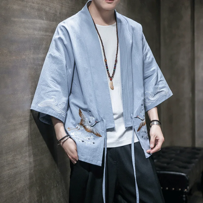 

Men Fashion Kimono Robe Gown Chinese Style Hanfu Kung Fu Cardigan Crane Embroidery Tang Suit Tea Art Blouse Japanese Haori Coats