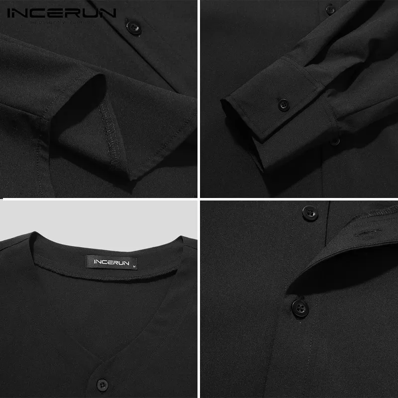 

INCERUN Long Sleeve V Neck Blouse Casual Button Comfortable Blusas Men Vintage Solid Color Shirts Spring Man Loose Shirts S-5XL