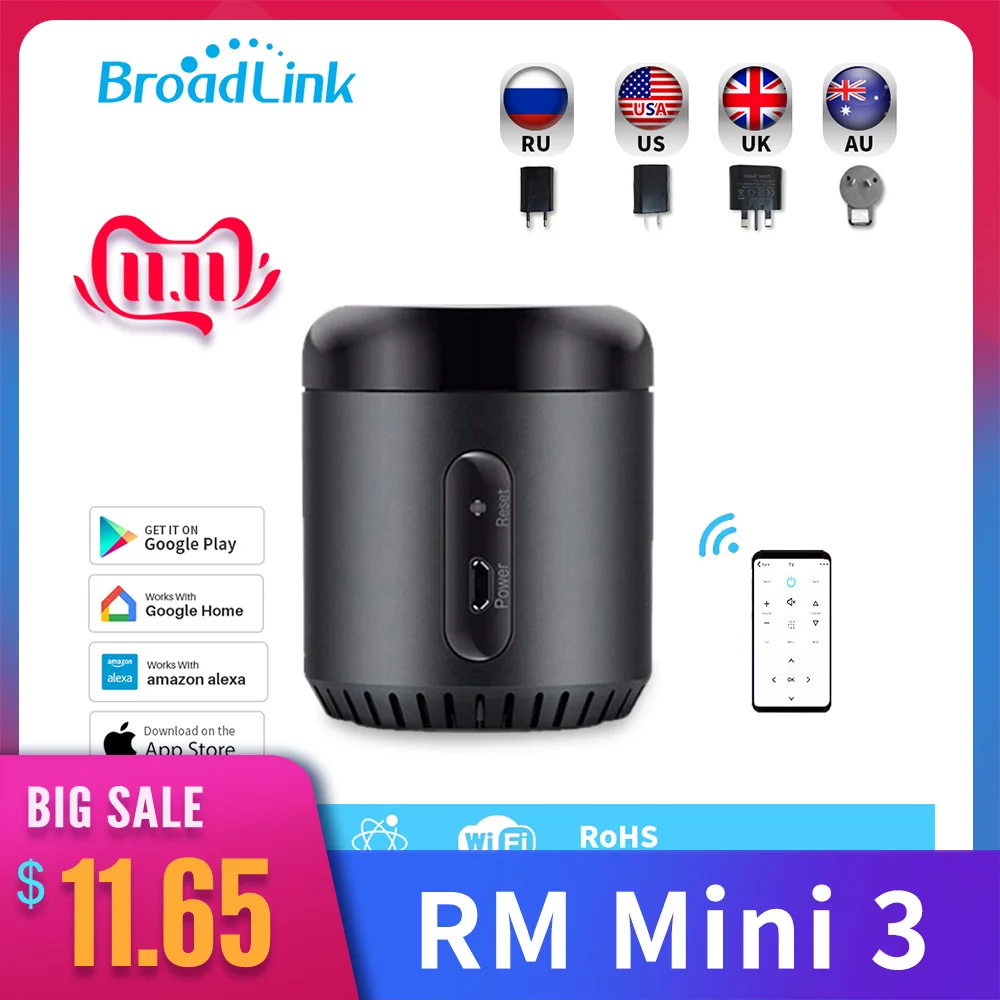 Broadlink RM Mini 3 WiFi+ ИК приложение для умного дома дистанционное управление для Alexa Google Home IFTTT с адаптером SP3 для Великобритании, Австралии, США, ЕС