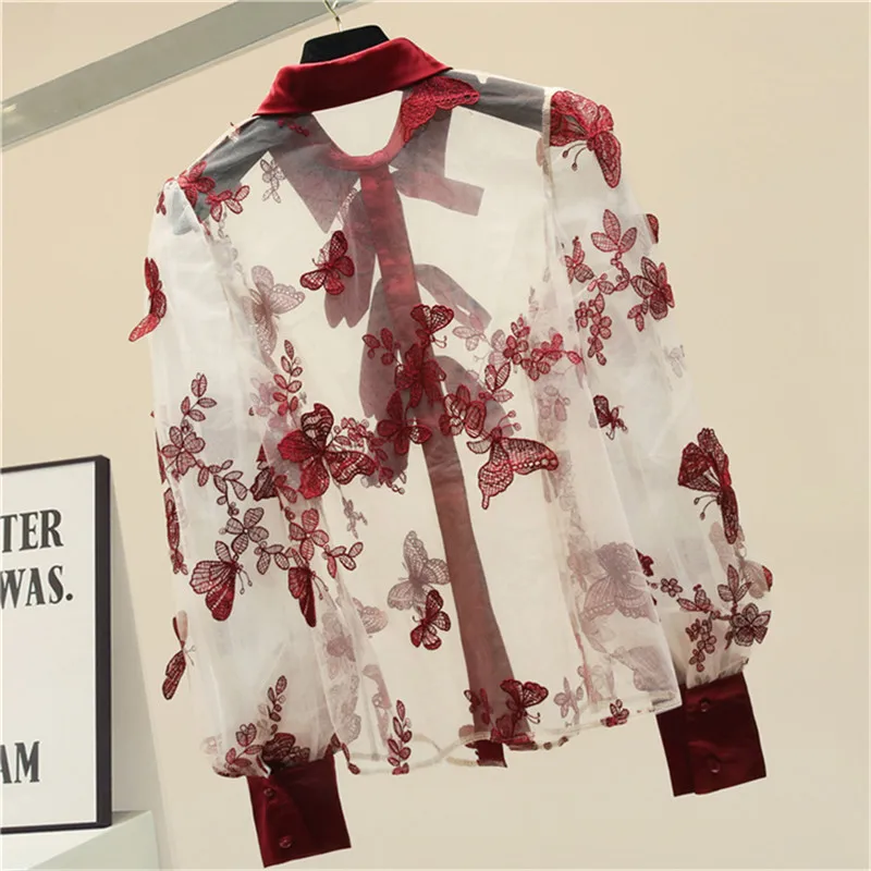Женская шифоновая блузка с вышивкой в виде Красной бабочки рубашка длинным