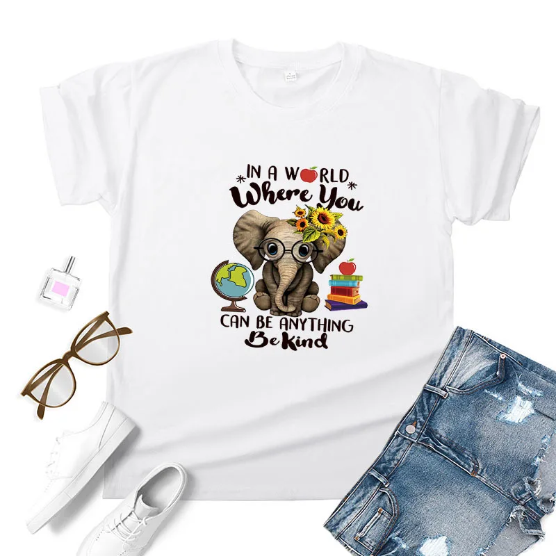 

WHERE YOU BE KIND Elephant Print T Shirt Women Short Sleeve O Neck Loose Tshirt Summer Women Tee Shirt Tops Camisetas Mujer