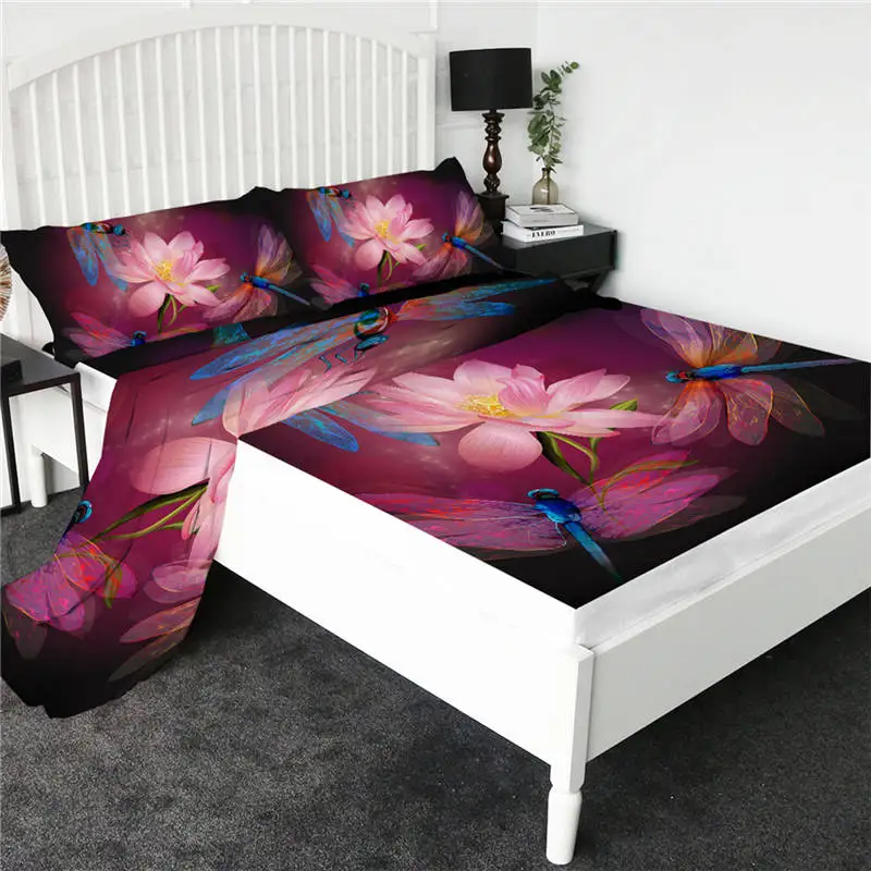 Dragonfly BeddingOutlet простыня с мультяшными котами, цветная простыня с единорогом, плоский лист с наволочкой, постельные принадлежности, 4 шт., наматрасник - Цвет: Dragonfly