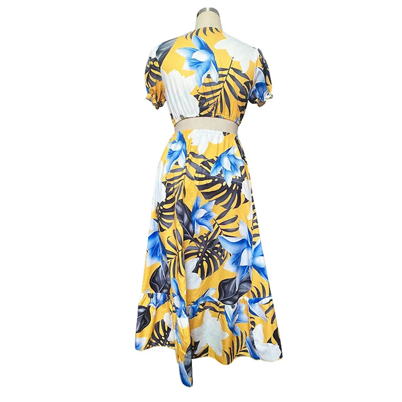 

2021 hollow deep V dress women's chic floral print puff sleeve hollow sun skirt summer ladies sexy dress