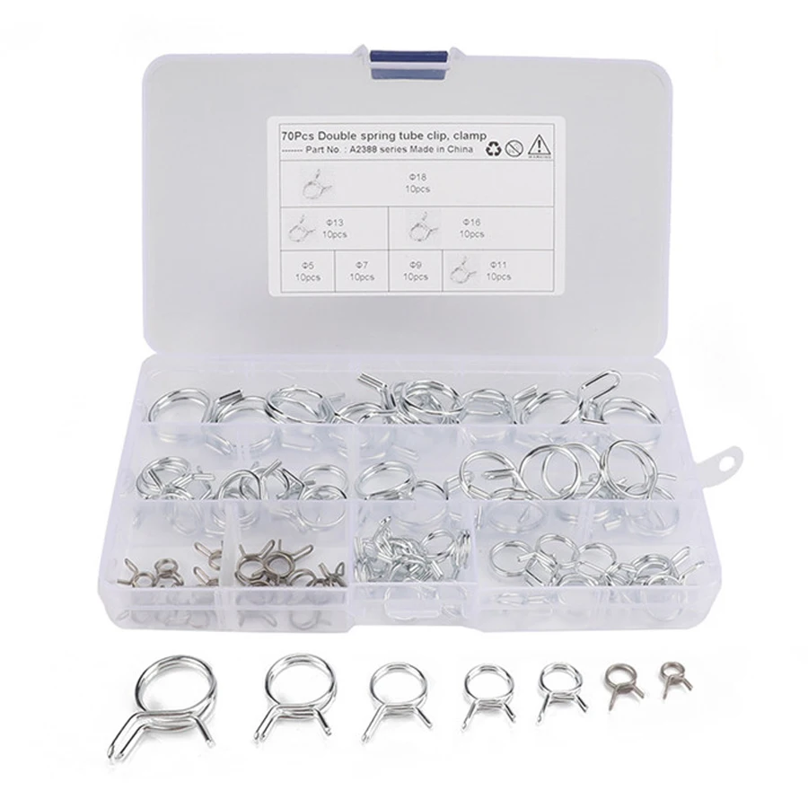

70pcs Φ5-Φ18 Double Wire Fuel Line Hose Tube Spring Clamps Kit Stainless Steel For Car Motorcycle RV
