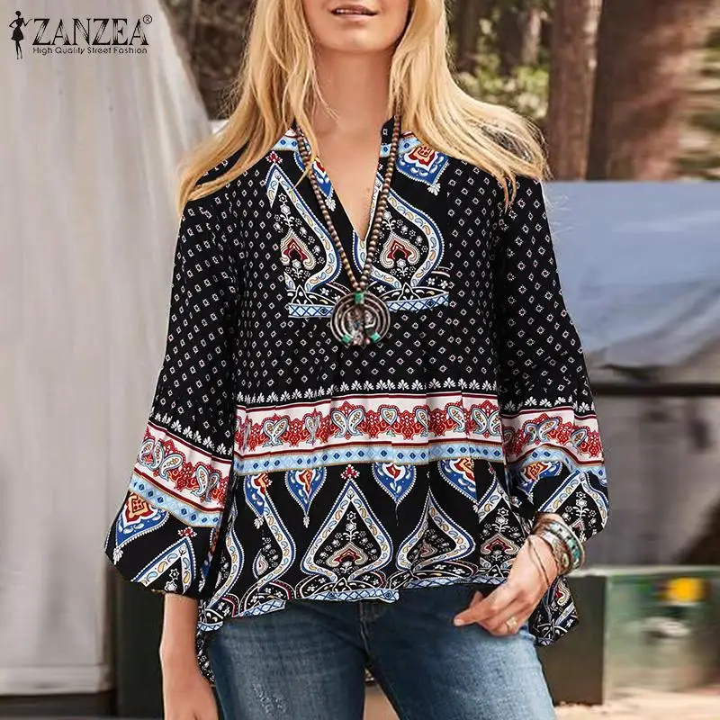 

ZANZEA Bohemian Autumn Women Party Blouse Vintage Floral Printed Shirt Femme Tunic Street Casual Tops V Neck Long Sleeve Blusas