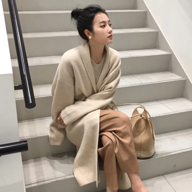 

2018 Autumn & Winter New Style Laziness Long over-the-Knee Knitted Cardigan Coat Loose-Fit Slimming Sweater Cardigan Coat Women'