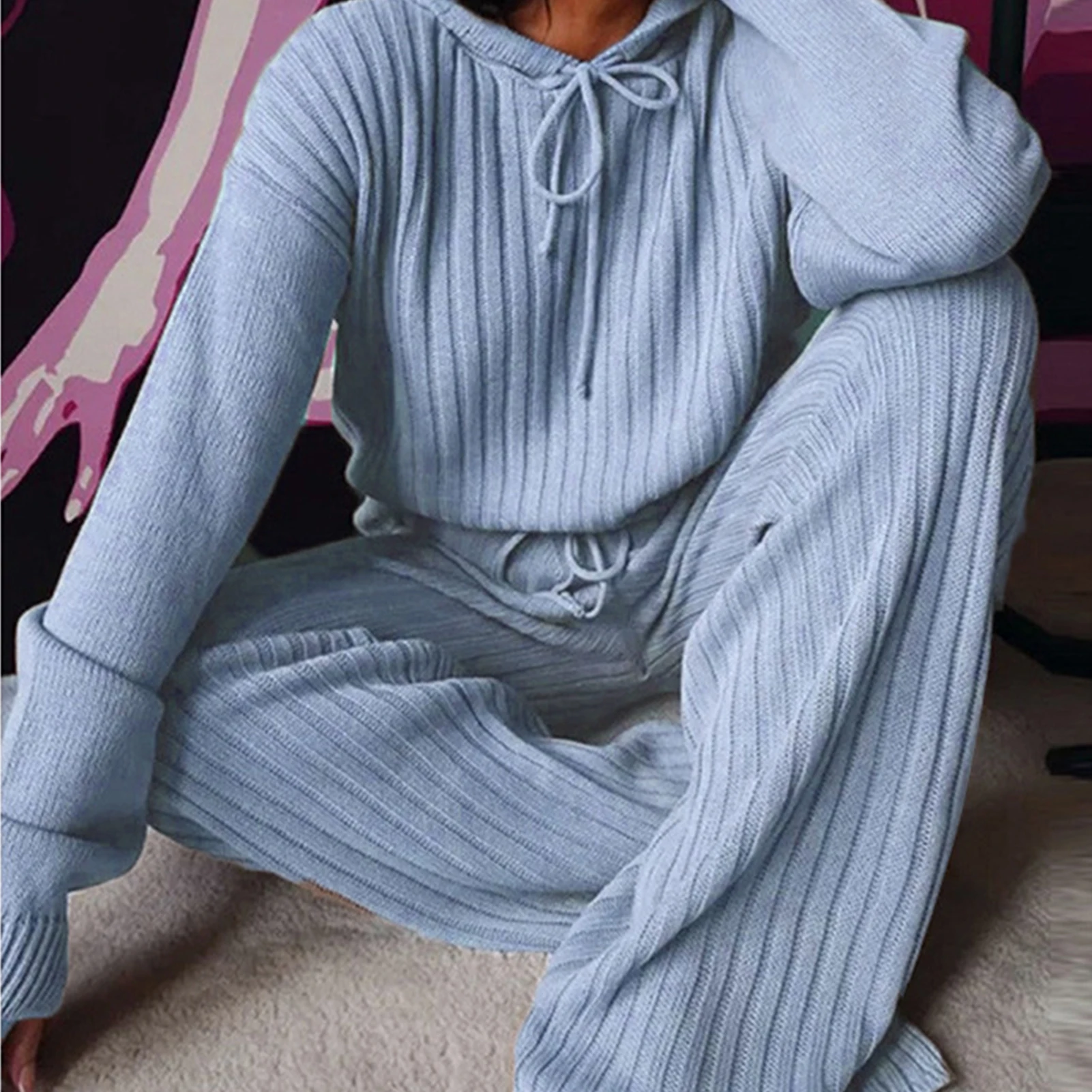 

2020 Fashion Trend Women Autumn Knitting 2PCS Outfits Long Sleeve Hooded Tops High Waist Wide Leg Pants Sets Casual Lounge Wear