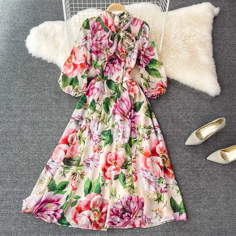 

High Fashion Designer New Summer Dress Women Elegance Ladies Floral Printed Slim Good Quality Dresses For Women Vestidos SL436