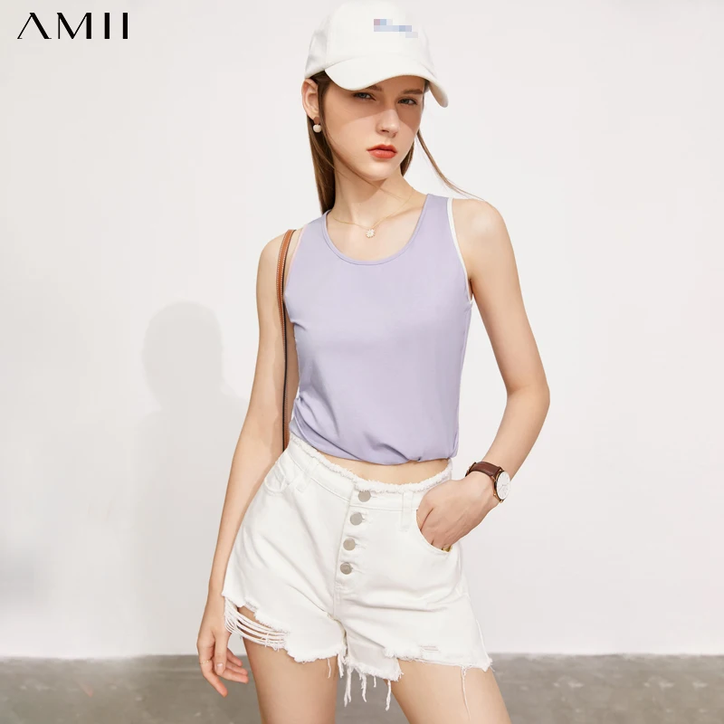 

Amii Minimalism Summer Women's Tops Streeetwear Solid Oneck Women's Tank Tops Sport Causal Slim Fit Women's Camisole 12140420