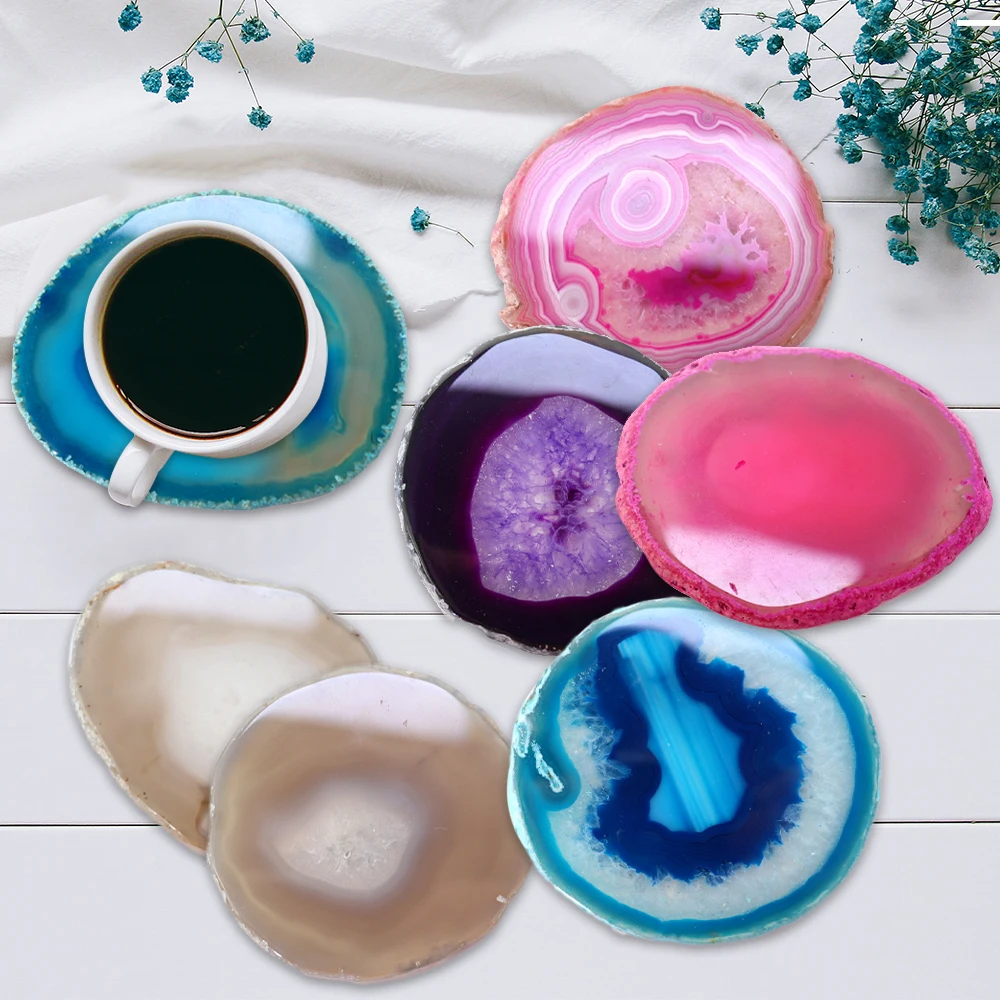New 60-80mm Natural Agate Slice Coaster Geode Coffee Bar Decorations Electroplated Edging Cup Mug Glass Drink Holder 1pcs Gift