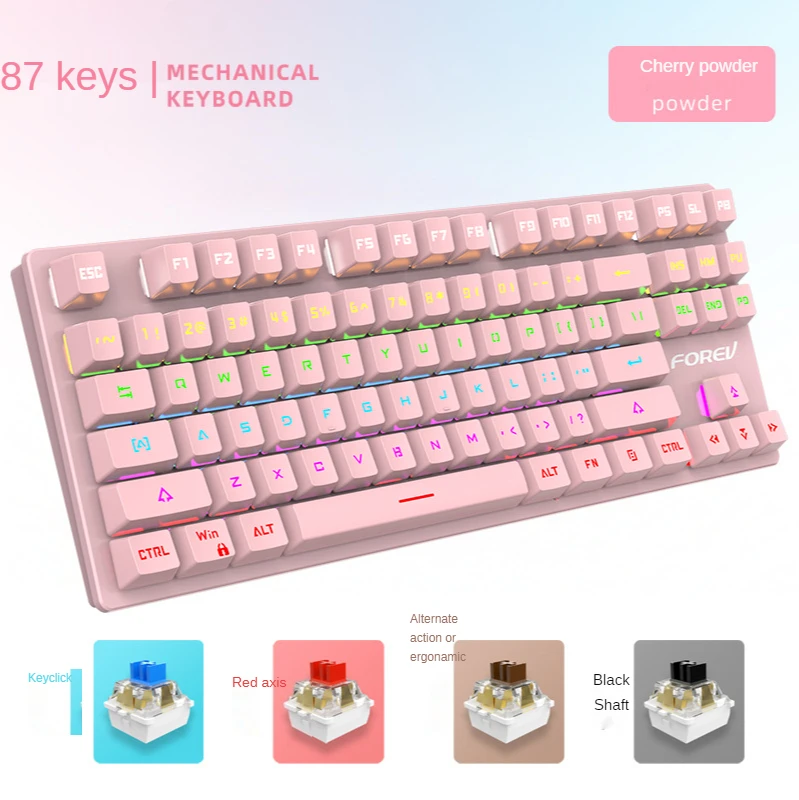 

New fv-301 mechanical keyboard 87 keys green axis pink girl cute small portable game electronic competition keyboard