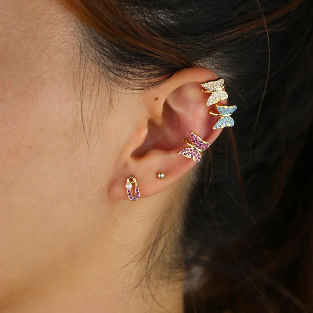 Позолоченные Разноцветные серьги клипсы с радужными фианитами в виде животных