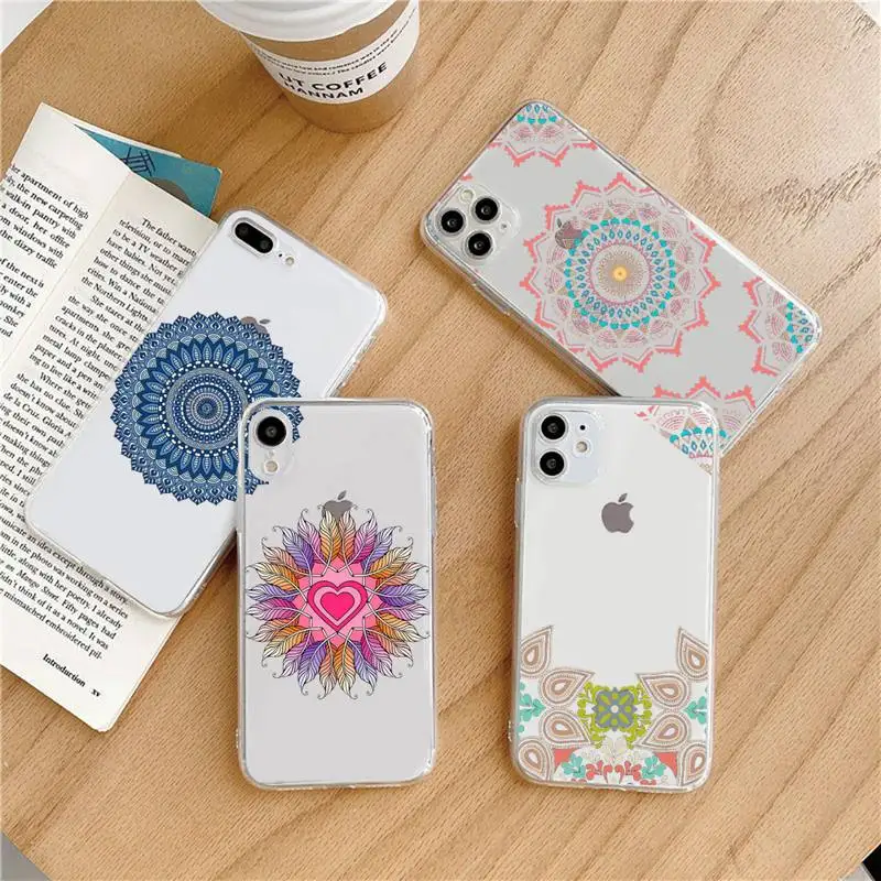 

Mandala Lace Flower Phone Case Transparent soft For iphone 5 6 7 8 11 12 s c se plus mini x xs xr pro max shell