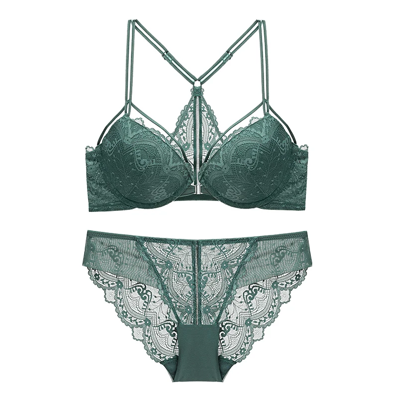 Кружевной бюстгальтер с вышивкой и трусики пуш ап застежкой спереди комплект