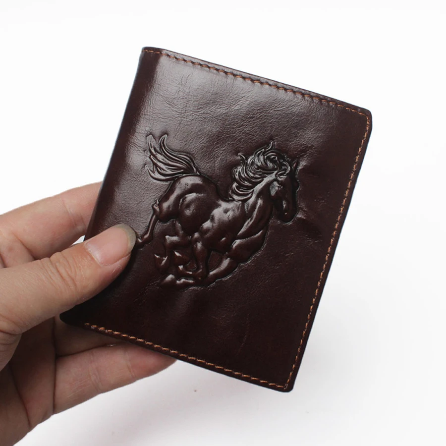 

Quality Genuine Leather Men's Wallet Vintage Small Cow Leather 3D Embossed Horse Totem Card Holder Man Purse