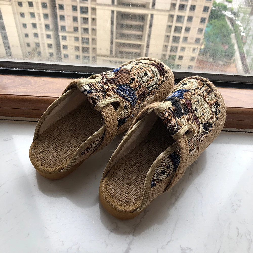 Veowalk Handmade Bear Embroidery Women Linen Cotton Close Toe Flat Slippers Summer Ladies Breathable Comfort Mules Shoes | Обувь