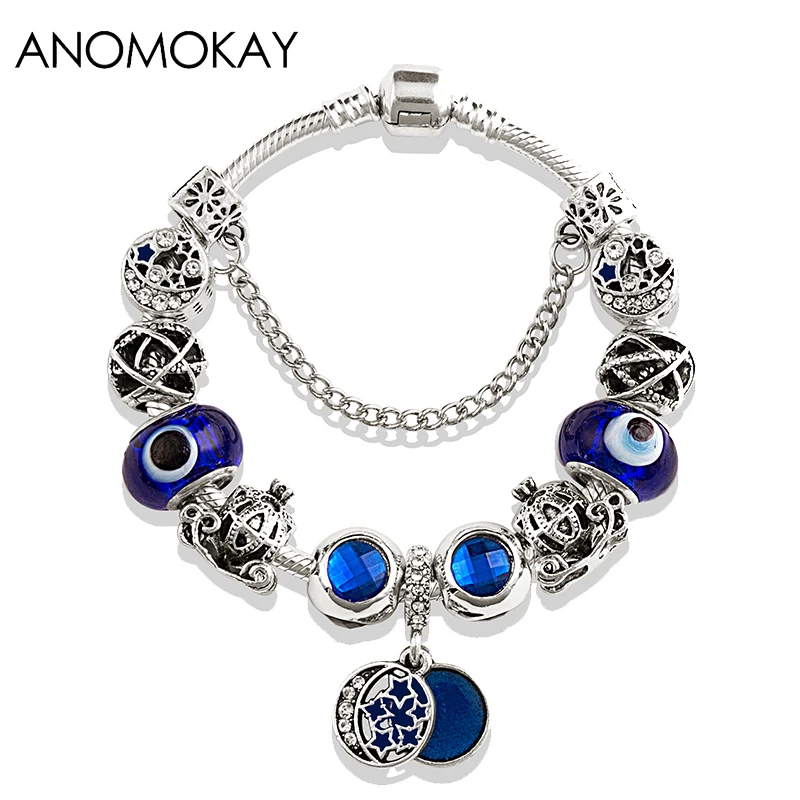 Dark Blue Bracelet Темно-Синий Сияющий браслет с бусинами из серии "Звезда Луна", королевский синий муранский кристалл, очаровательный браслет и классический браслет, Diy ювелирные изделия для мужчин - Окраска металла: Dark Blue Bracelet