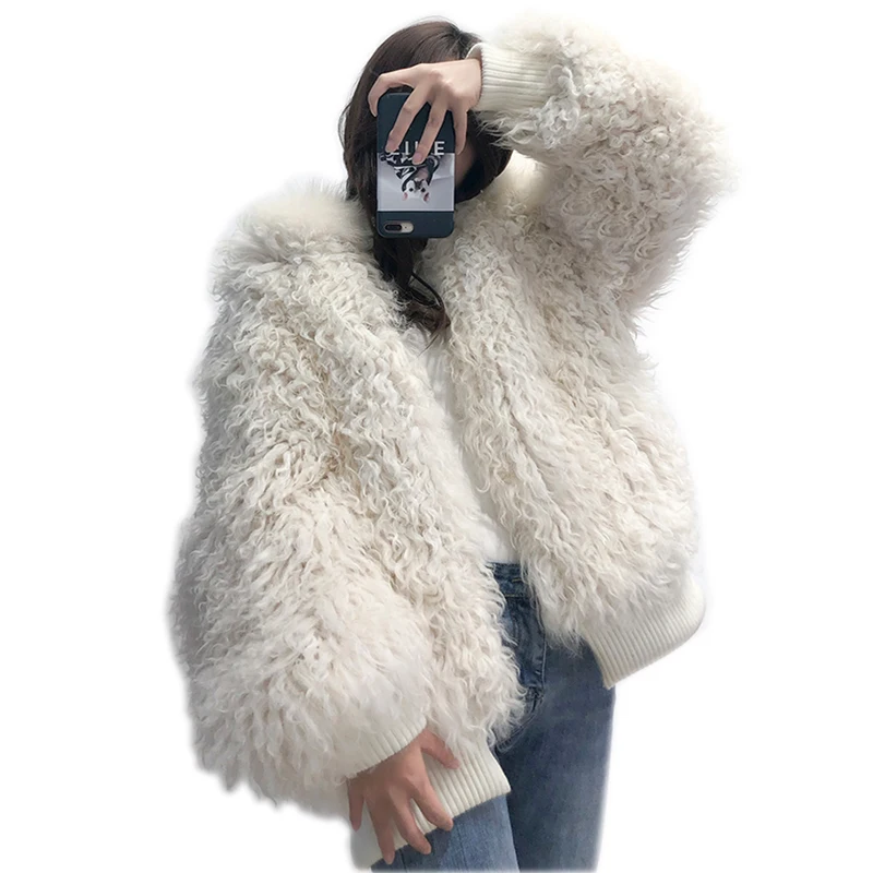 Sheep curls woven fur coat female fox fur collar hooded lamb fur coat long coat 2020 new winter