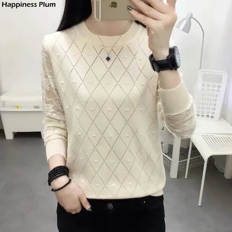 

Lace Hollow Out Women Sweaters Solid Knitting Female Thin Pullovers O-Neck Long sleeve Fashion Sloose sweaters tops
