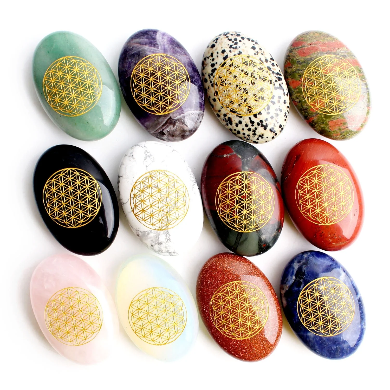 

Natural Rose Quartz Chakra Crystal Oval Shaped Flower of Life Plam Energy Rune Symbols Engraved Stone Reiki Healing Gift Decor