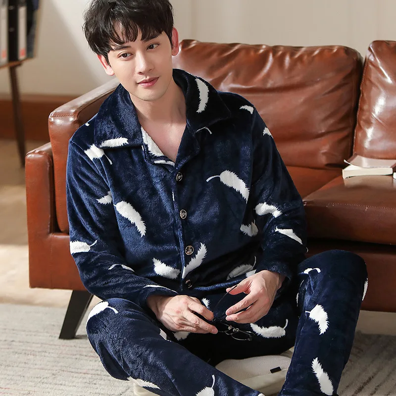 

Male Flannel Thicken Warm Pajamas Set 2 Pieces Suits Long Sleeve Casual Loose O Neck Sleepwear Homewear Men's Christmas Pyjamas