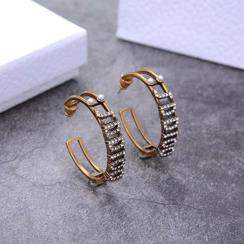 

Designer Inspired Pave Crystals JA DI Letters Hoop Earrings for Women Antique Copper Daily Jewelry