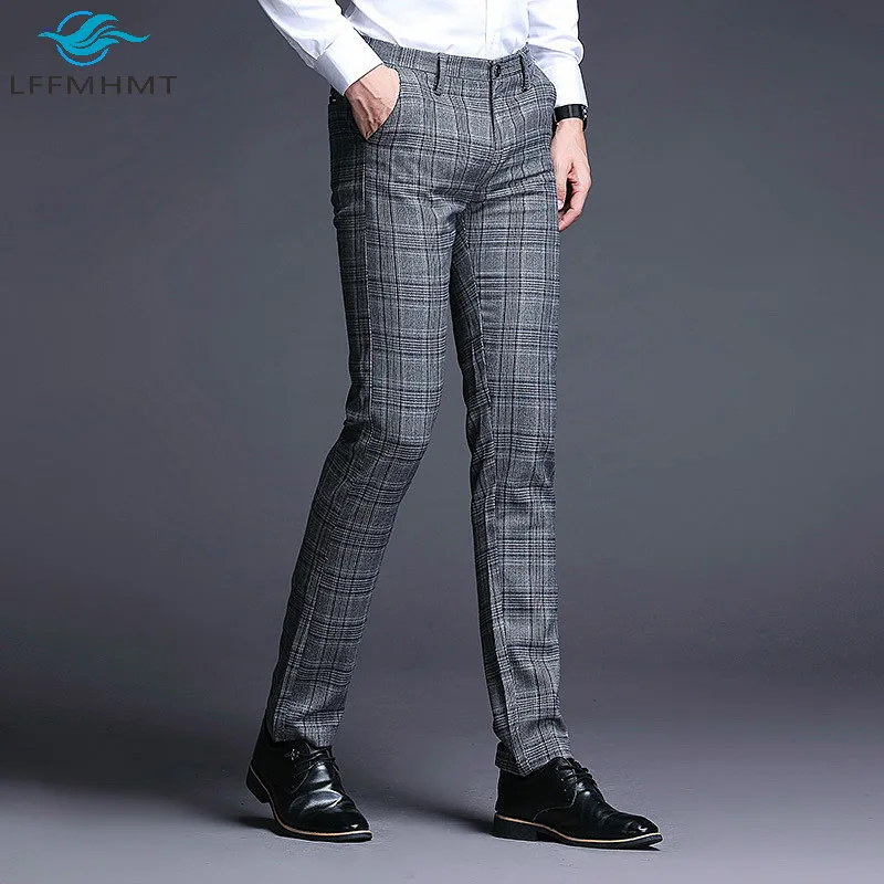 

Брюки мужские прямые в клетку, модные классические зауженные повседневные брюки со средней талией, в Корейском стиле, весна-осень