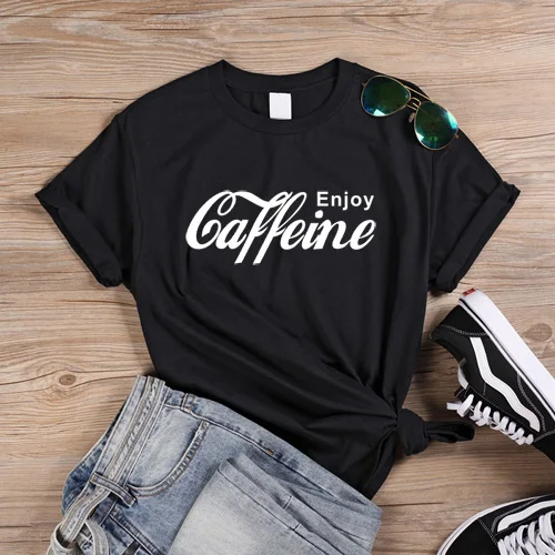 Black ONSEME, женская уличная одежда, повседневные футболки, Enjoy Caffeine, футболка с буквенным принтом, женские Забавные футболки Cola, Harajuku, базовая хлопковая футболка - Цвет: Black