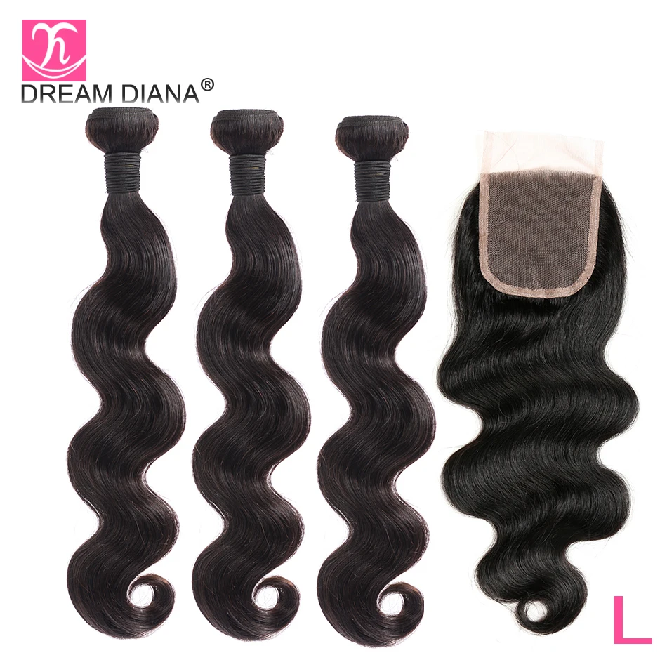 DreamDiana бразильские волнистые волосы с закрытием 8 &quot-30&quot L Remy пучками натуральных