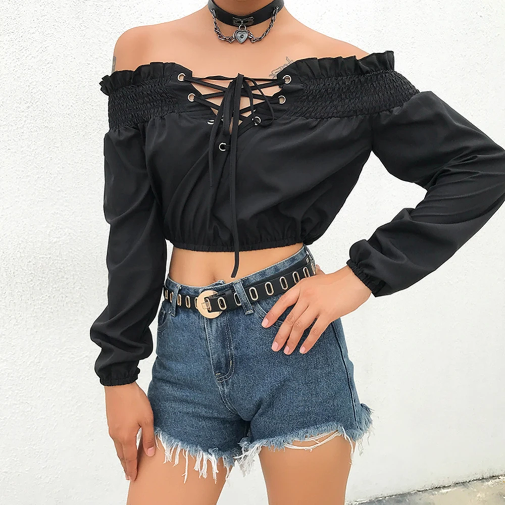 Модные черные свободные повседневные укороченные топы с одним воротником