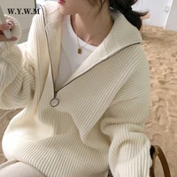 wywm pit stripes cashmere sweaters women loose casual knited pullovers ladies 2021 winter zipper turn down collar thick jumper