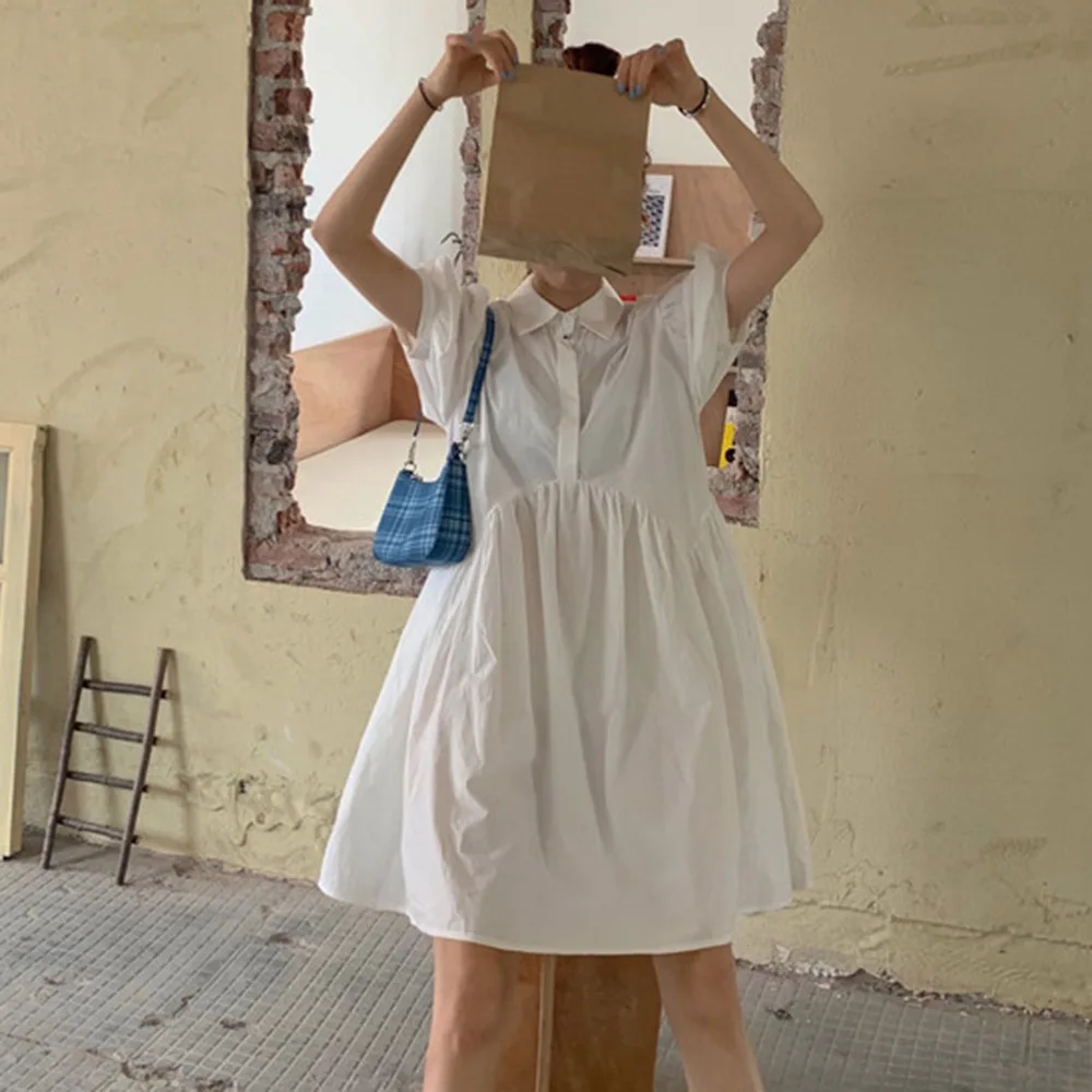 

Japan Style Casual Korean Fashion Summer Dress Loose Simple Designer Popular Retro Solid Color Polo Collar Puff Sleeve