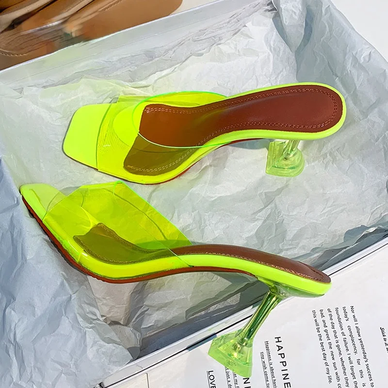 

UVRCOS Green PVC Jelly Slippers Crystal Open Toe Perspex Sike High Heels Crystal Women Transparent Heel Sandals Slippers Pumps