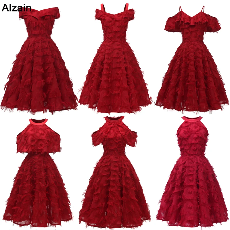 Бордовые вечерние платья 2019 новые осенние с кисточками короткие v образным