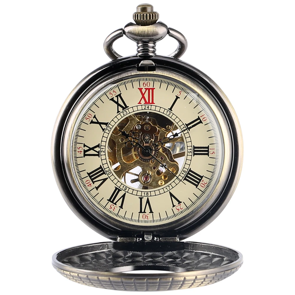 

Wooden Mechanical Hand Winding Bronze Pocket Watch Transparent Skeleton Steampunk Clock Fob Chain Pendant Watches Men Women Gift