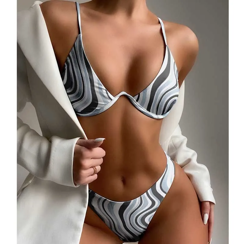 

2021 Underwired push up bikini set Stripe print swimsuit women's swimming suit High cut swimwear Sexy bathing suit Beach wear