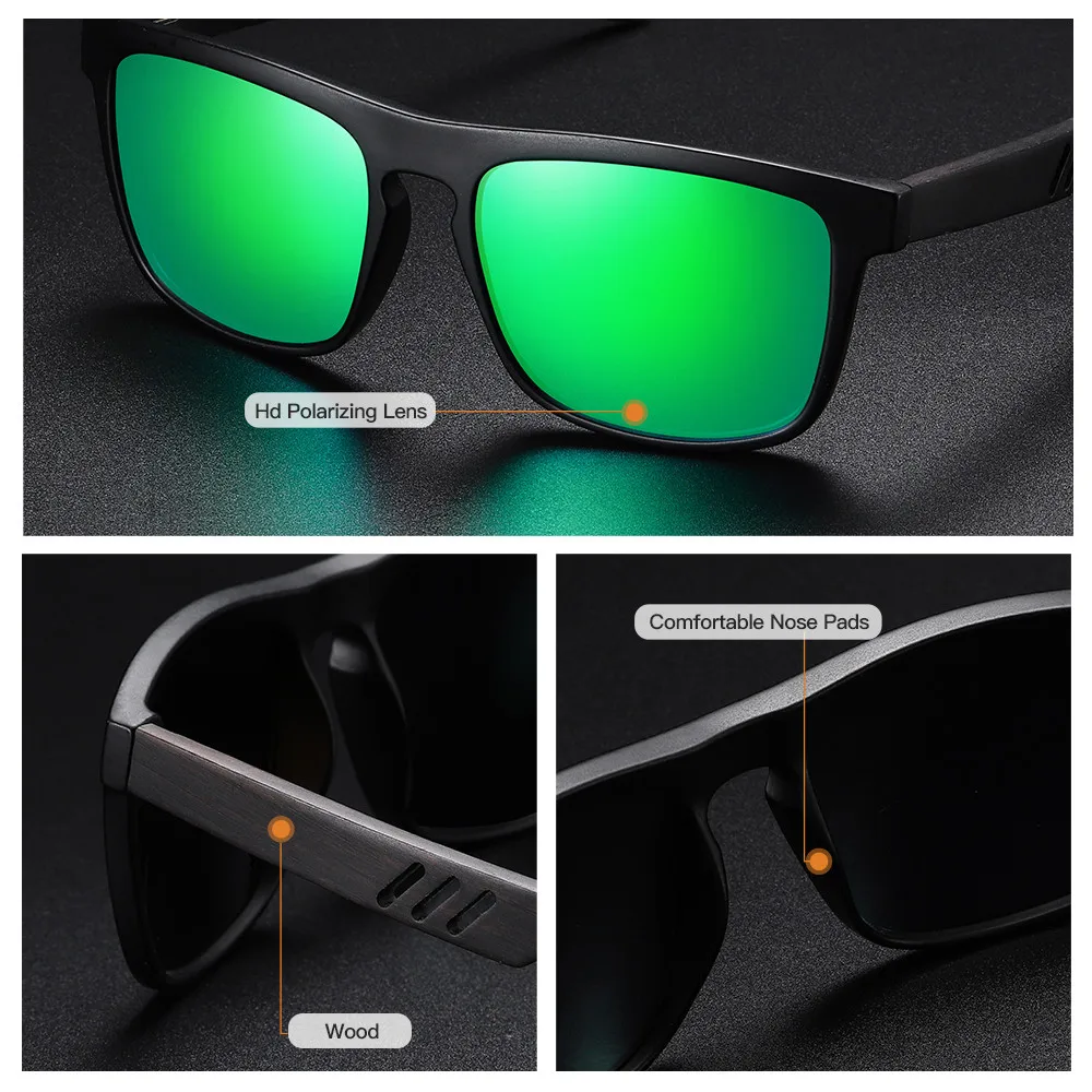 EZREAL Vintage Sports Style Polarized Sunglasses Men Black Driving Square Wooden Shades Sunglass 