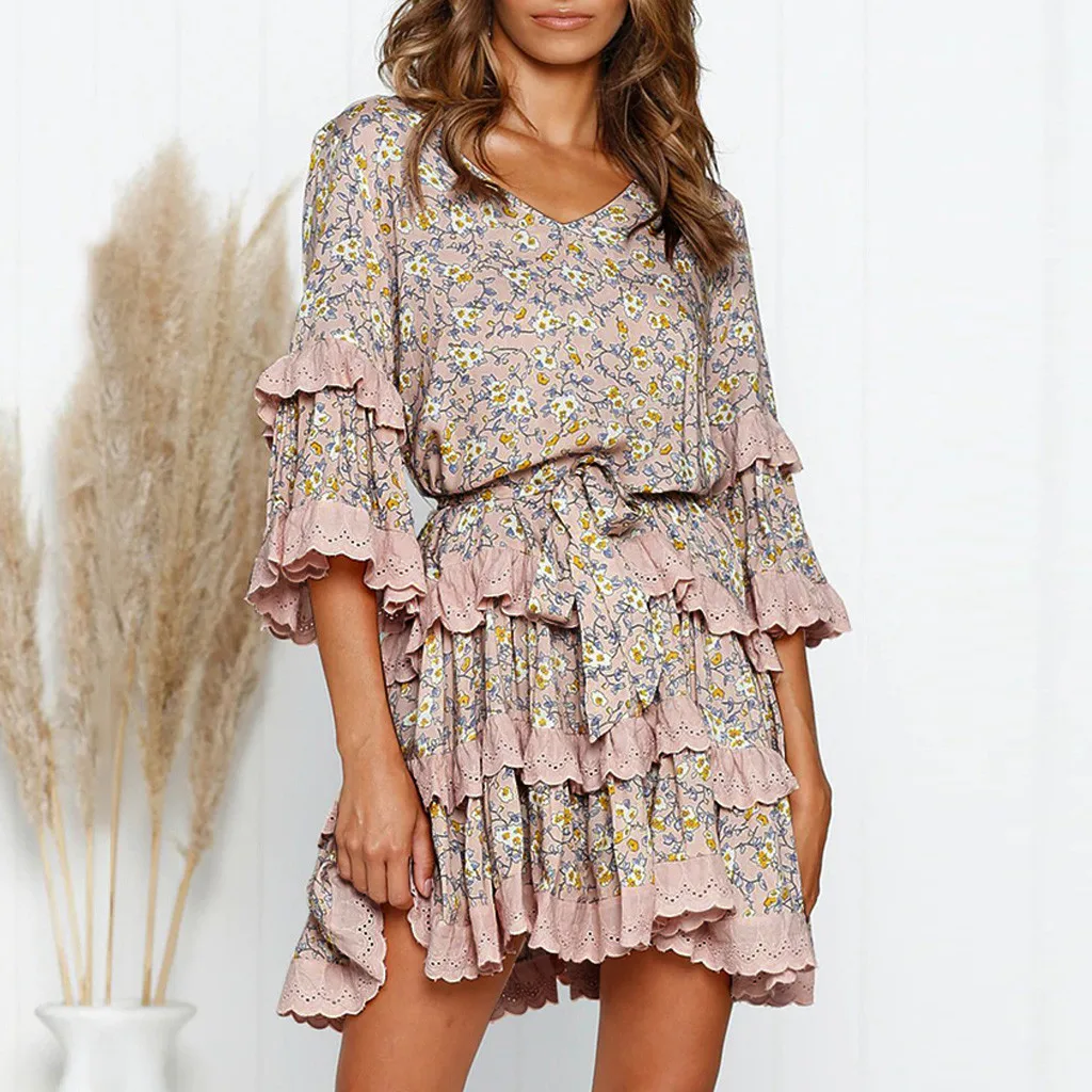 2019 женское платье в стиле бохо с цветочным принтом и v образным вырезом