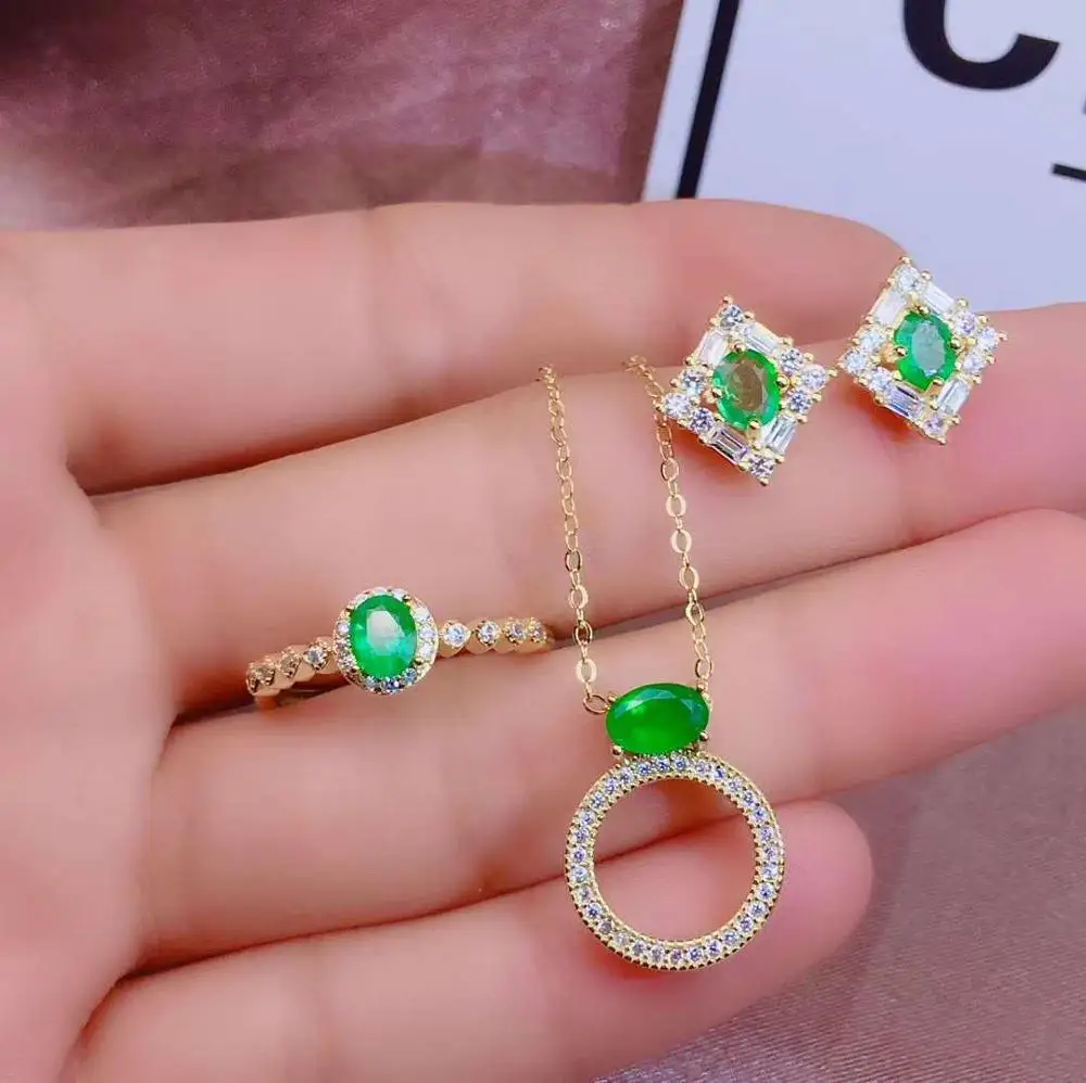 

Real Natural Emerald jewelry set Natural Real Emerald 925 sterling silver 1pc pendant,1pc ring,2pcs Earring