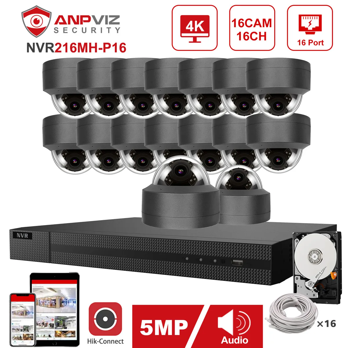 

Hikvision OEM 16CH 4K NVR Anpviz 5MP POE IP Camera System 16pcs Indoor/Outdoor IP Security System Kit IP66 30m Pulg&Play Gray