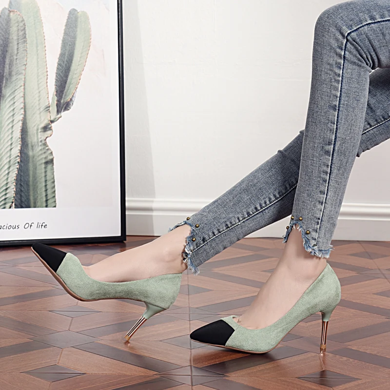 

Women Pumps OL Fashion Spell Color High heels Single Shoes Female Spring Summer Patent leather Wedding Party shoes Woman U22-44