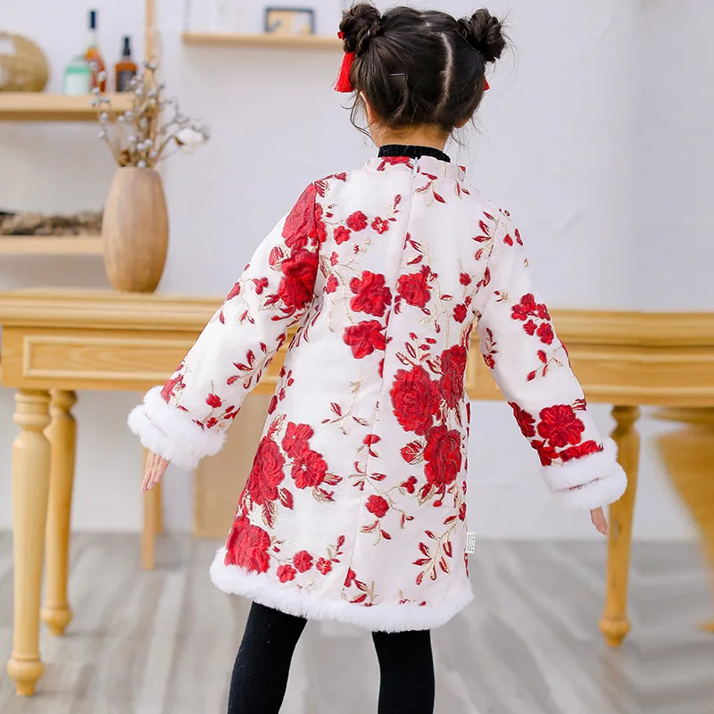 Детское пальто Cheongsam в китайском стиле с пионами; костюм Tang; детское осенне-зимнее платье с длинными рукавами; плотные платья для девочек; одежда на год
