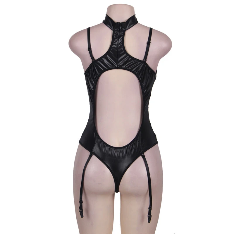 Боди из искусственной кожи Летние на бретелях большого размера женское черное