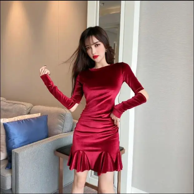 Женское бархатное платье с длинным рукавом и О образным вырезом Сексуальные
