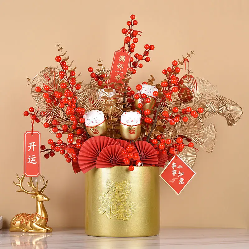 Китайская Красная фруктовая Фортуна металлическая ваза-ведро поддельные цветы